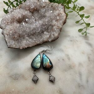 Labradorite Teardrop Sterling Silver  Earrings Blue Rainbow Flash